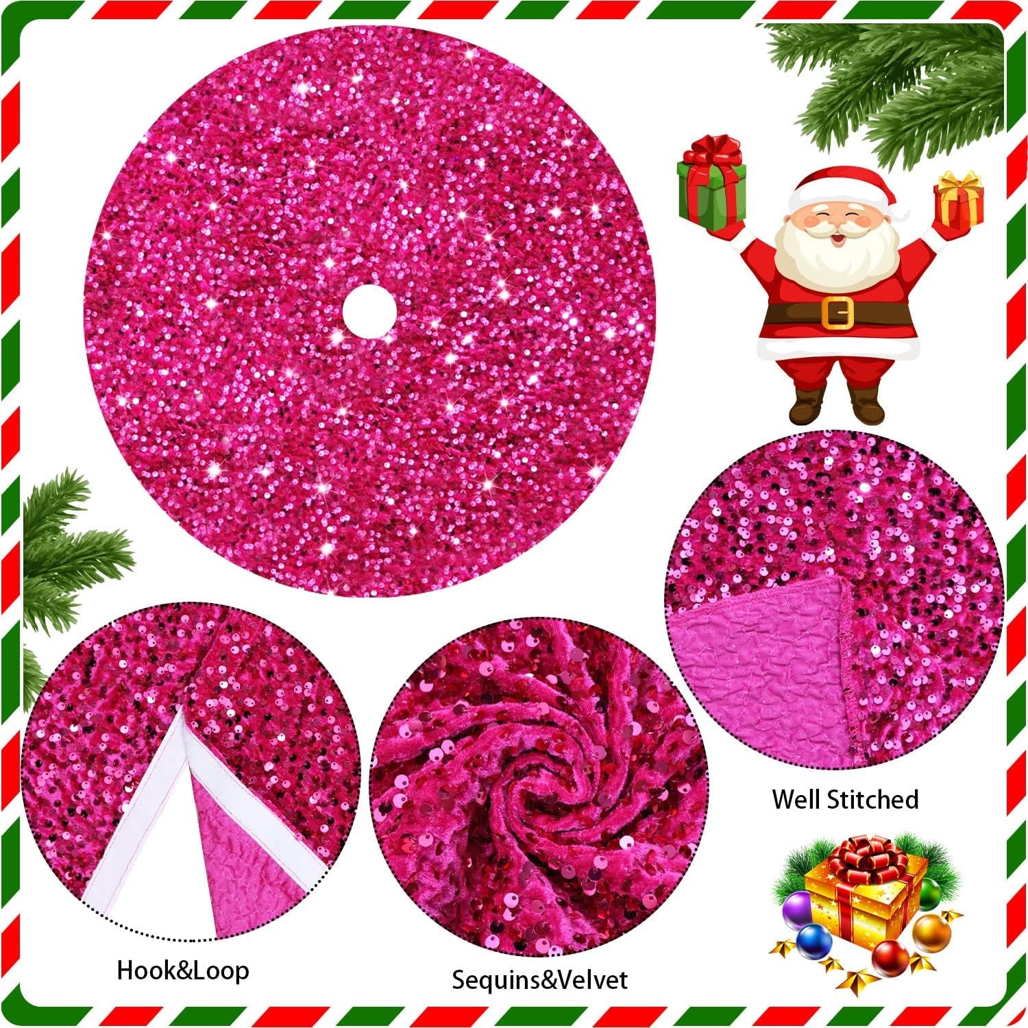 Hot Pink Christmas Tree Skirt 46 Inch Sparkle Sequin Christmas Tree Skirt Fuchsia Xmas Tree Skirt for Thanksgiving Holiday with Embroidered Tree Cover Mat Shiny Tree Carpet Classic Tree Floor Mat