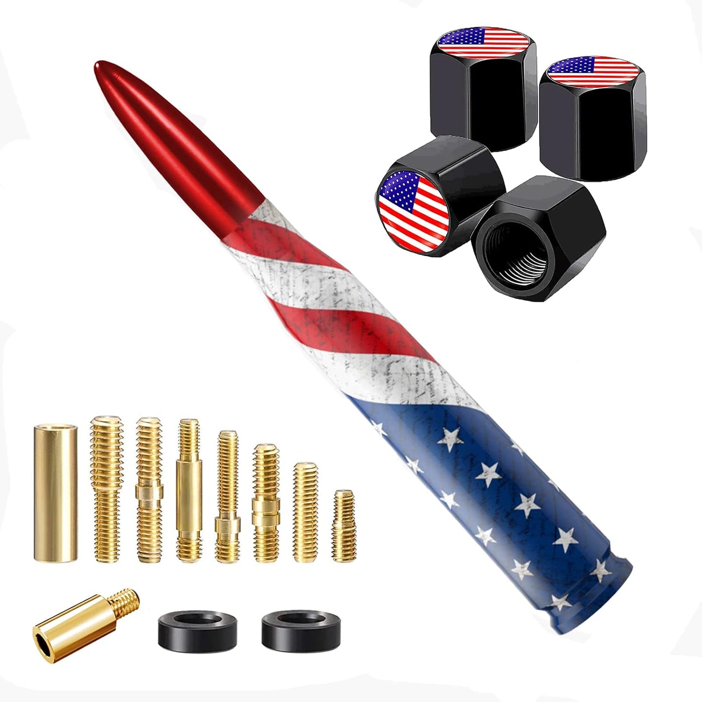 American Flag Car Truck Antenna with Valve Stem Caps, Universal Mast for GM Chevy Silverado 1500 2500 3500 HD Avalanche Ford F150 F250 F350 Denali Heavy Duty Pickup Trucks Accessories (Black)