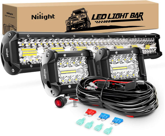 20Inch 420W Triple Row Spot Flood Combo Led Light Bar Work Driving Lamp 2Pcs 4Inch 60W Cube LED Pods Lights for Trucks with Off-Road Wiring Harness Kit-3 Leads