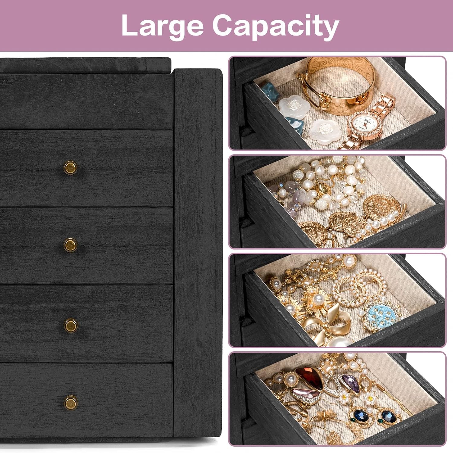 Jewelry Box Wood for Women, 5-Layer Large Organizer Box with Mirror & 4 Drawers for Rings, Earrings, Necklaces, Black