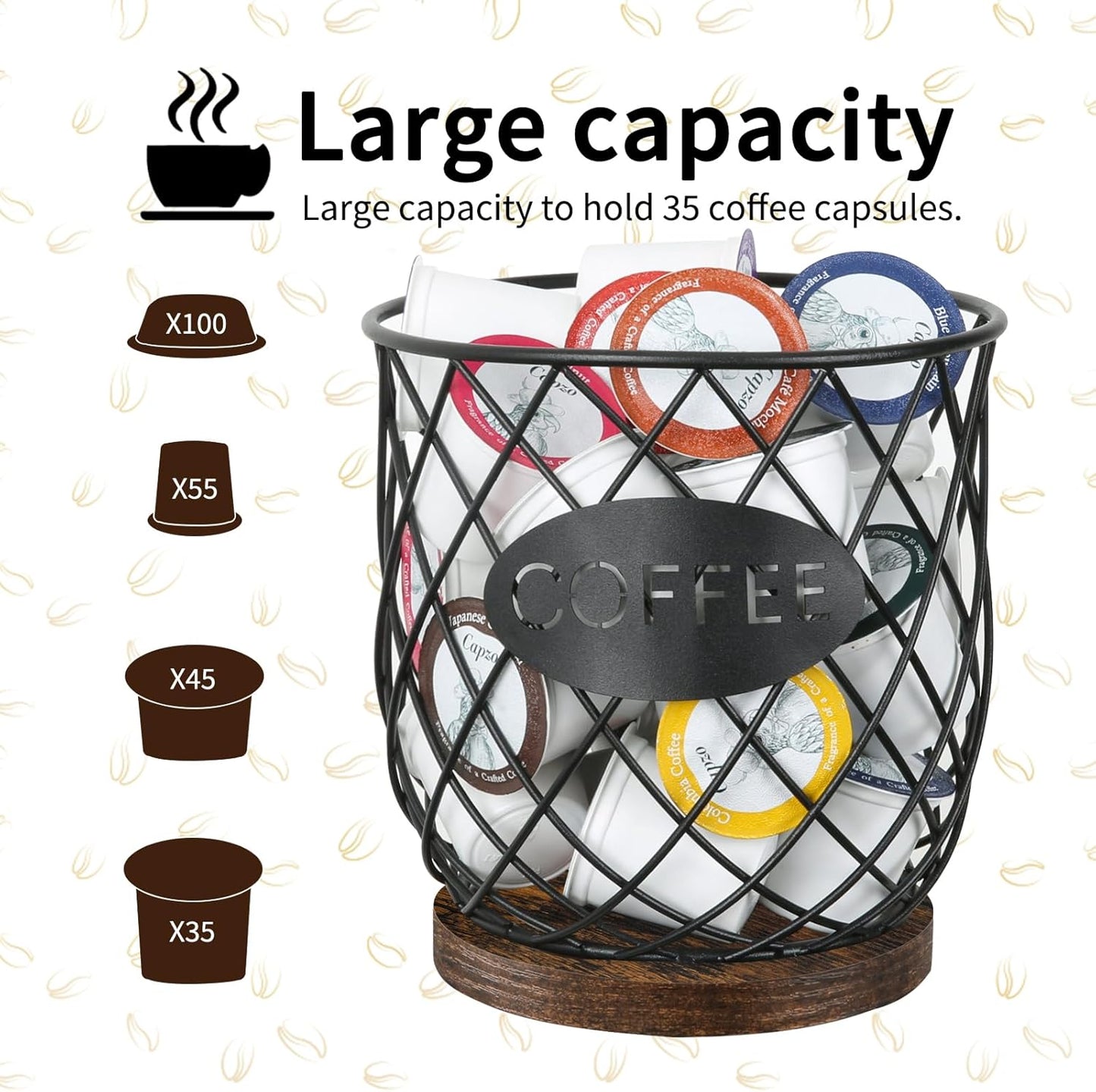 K Cup Holder Organizer, Sturdy Coffee Pod Holder Organizer, 35 Kcup Large Capacity Storage Basket for Kitchen Counter and Office Desktop (Circular Grid)