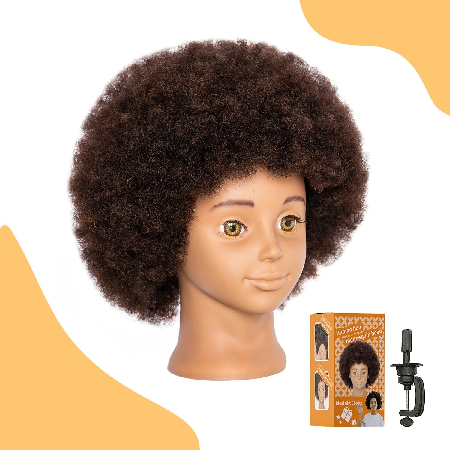 Mannequin Head Human Hair African Mannequin Head with 100% Human Hair Manikin Doll Head for Hair Styling with Cute Appearance and Embed Curly Cosmetology Manican Mannequins Heads with Stand