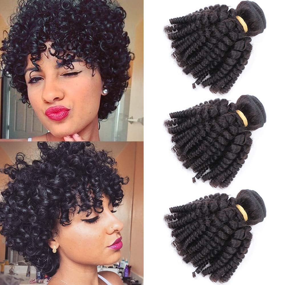 Brazilian Funmi Human Hair Bundles 8 10 12In, Afro Kinky Curly Hair Bundles Short Curly Weave, Unprocessed Brazilian Virgin Human Hair Bouncy Curl Extensions (8" 10" 12", Natural Black)