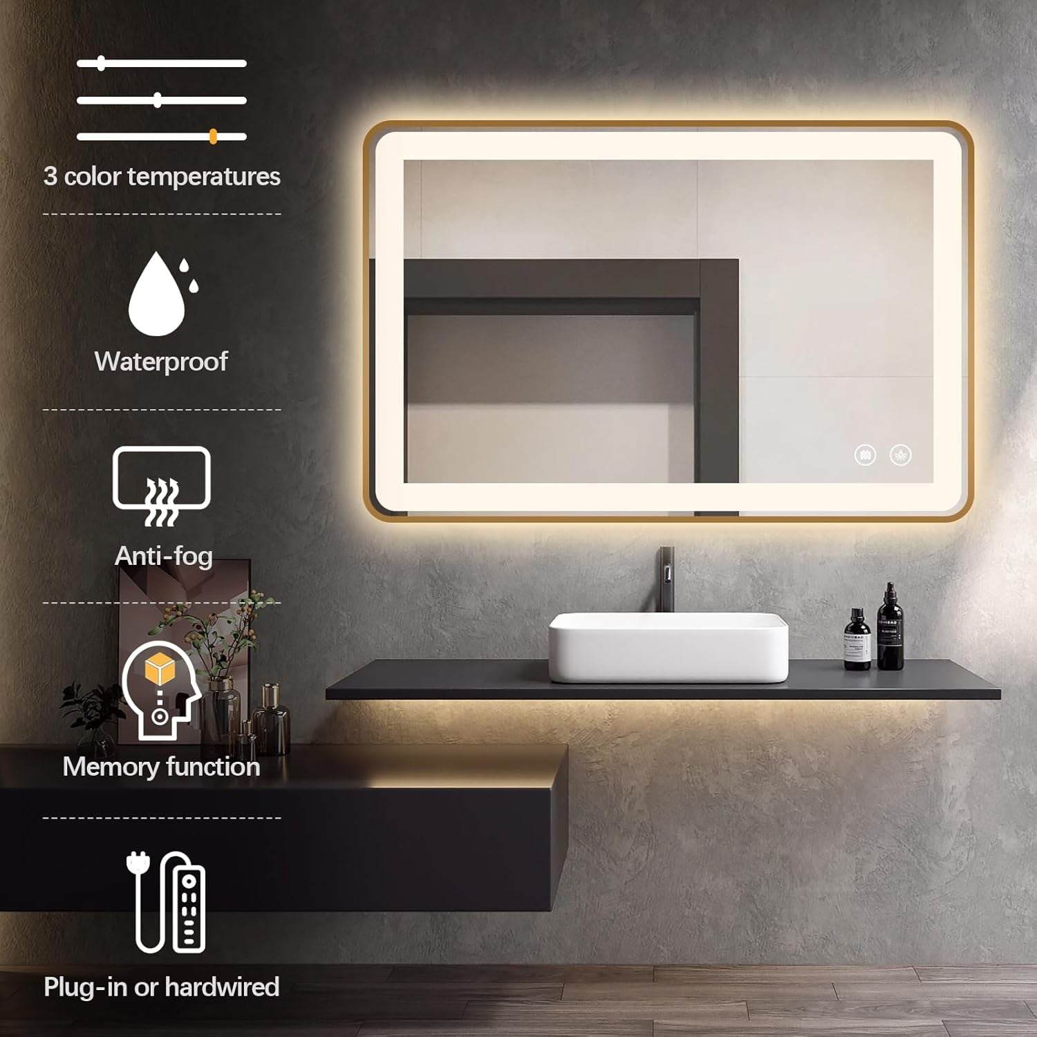 LED Bathroom Mirror, 36"X28" Rectangle Wall Mounted Vanity Mirrors with Metal Frame, anti Fog Dimmable Smart Mirror for Bathroom/Bedroom/Livingroom/Entryway, (Horizontal or Vertical),Gold