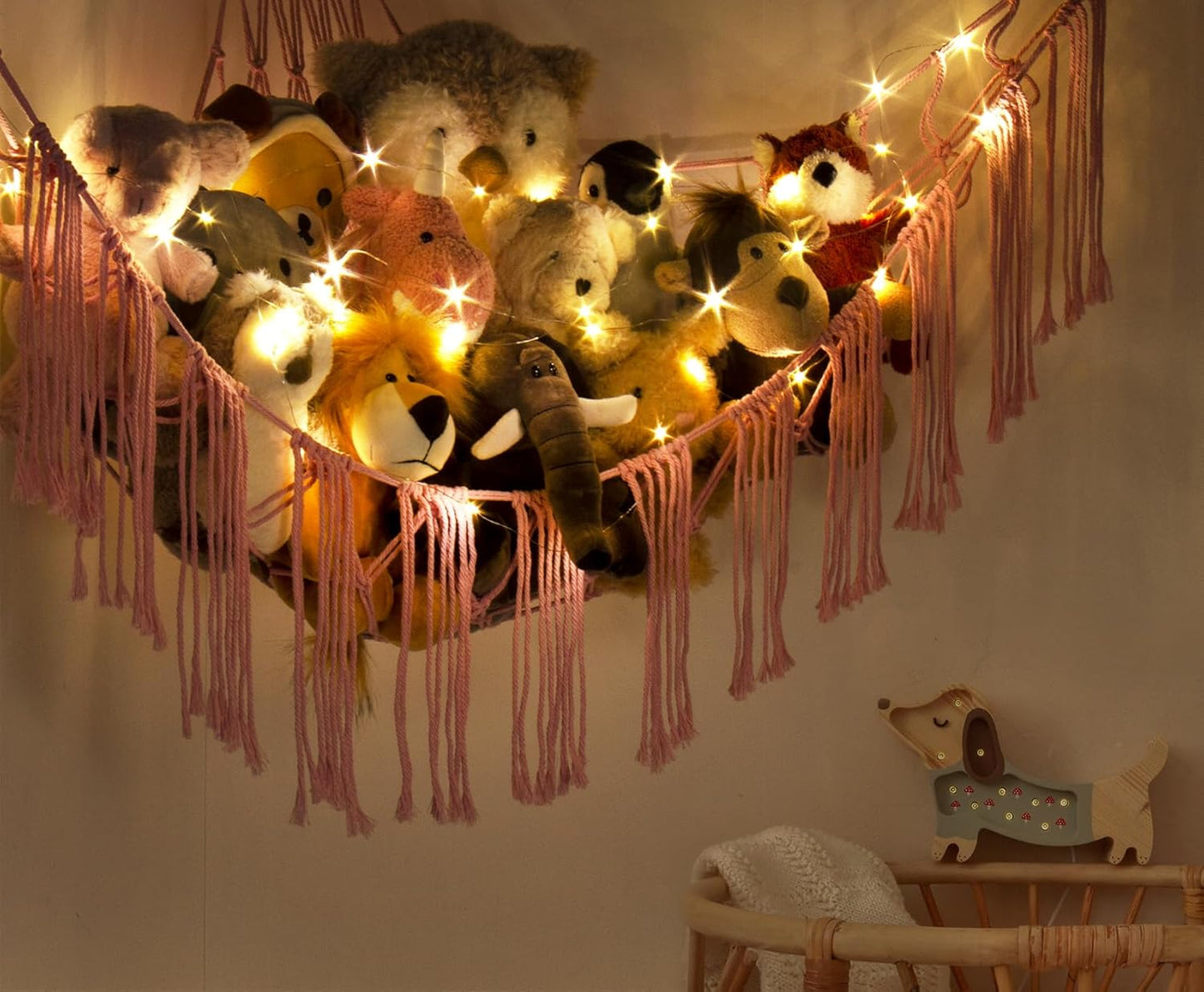 Stuffed Animal Hammock Corner with LED Light - Toy Storage Hammock Plushie Net Hanging Organizer - Pink Room Decor for Teen Girls - Cute Bedroom Aesthetic Nursery Kids Baby Toddler