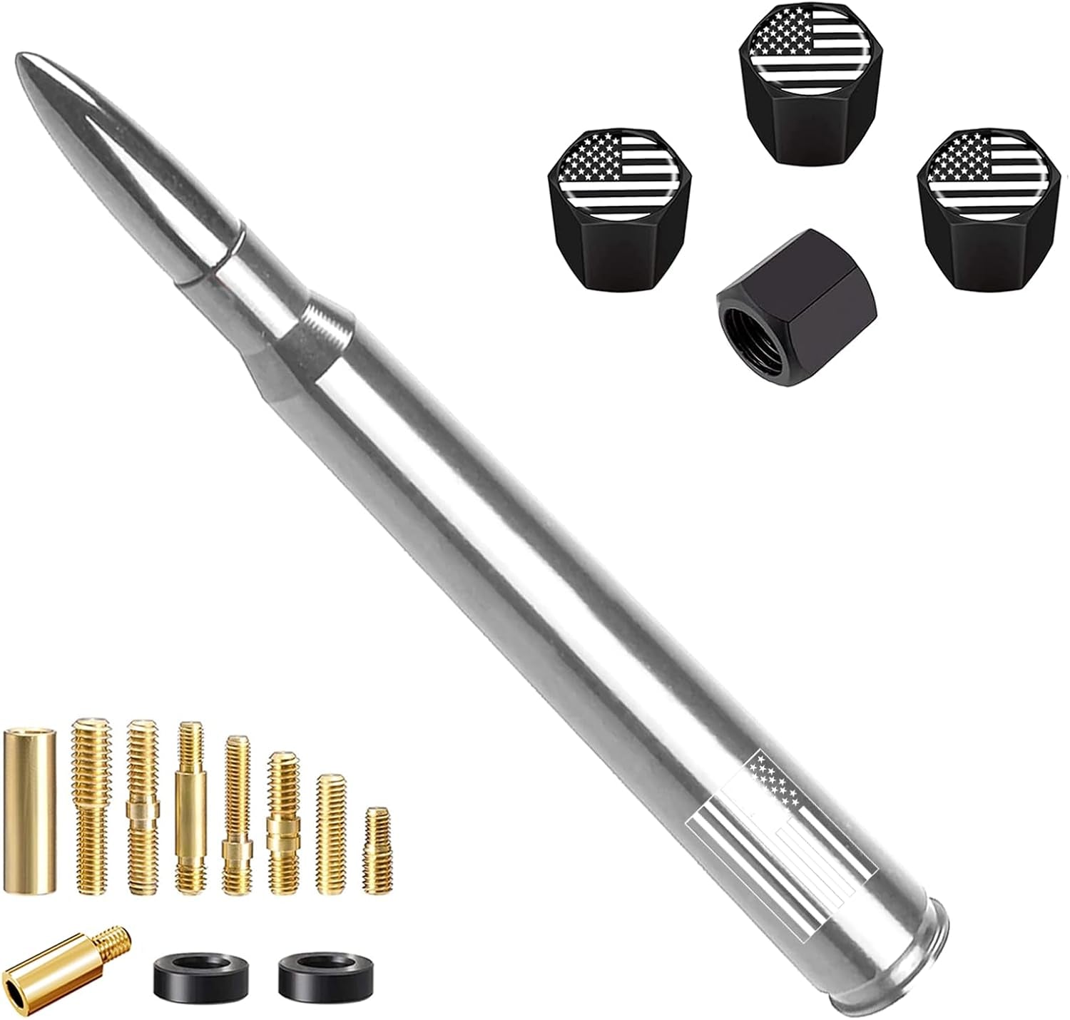 American Flag Car Truck Antenna with Valve Stem Caps, Universal Mast for GM Chevy Silverado 1500 2500 3500 HD Avalanche Ford F150 F250 F350 Denali Heavy Duty Pickup Trucks Accessories (Black)