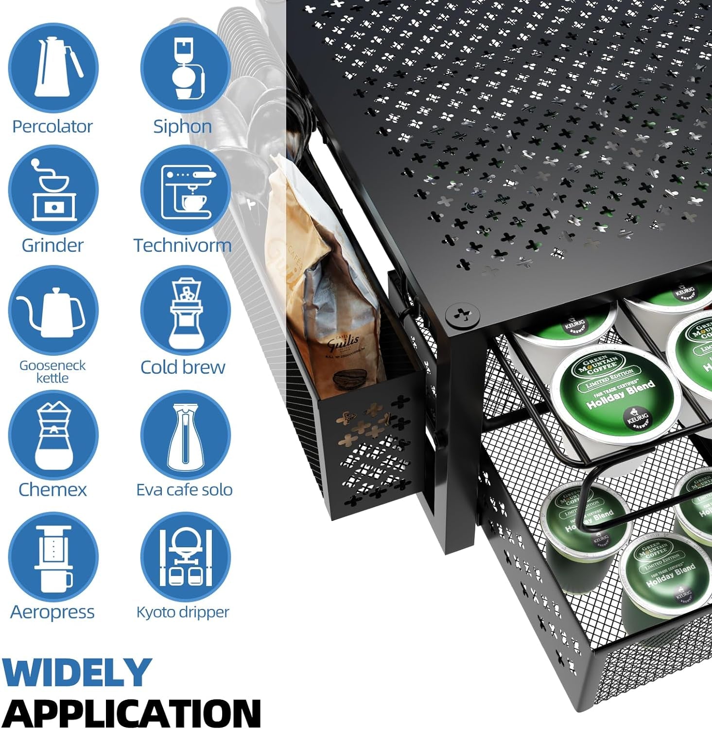 Coffee Pod Holder for K Cups, with 2 Tier Slidng Storage Drawer and Coffee Accessories Holder, 63 Large or 80 Small Capsule Organizer, Black