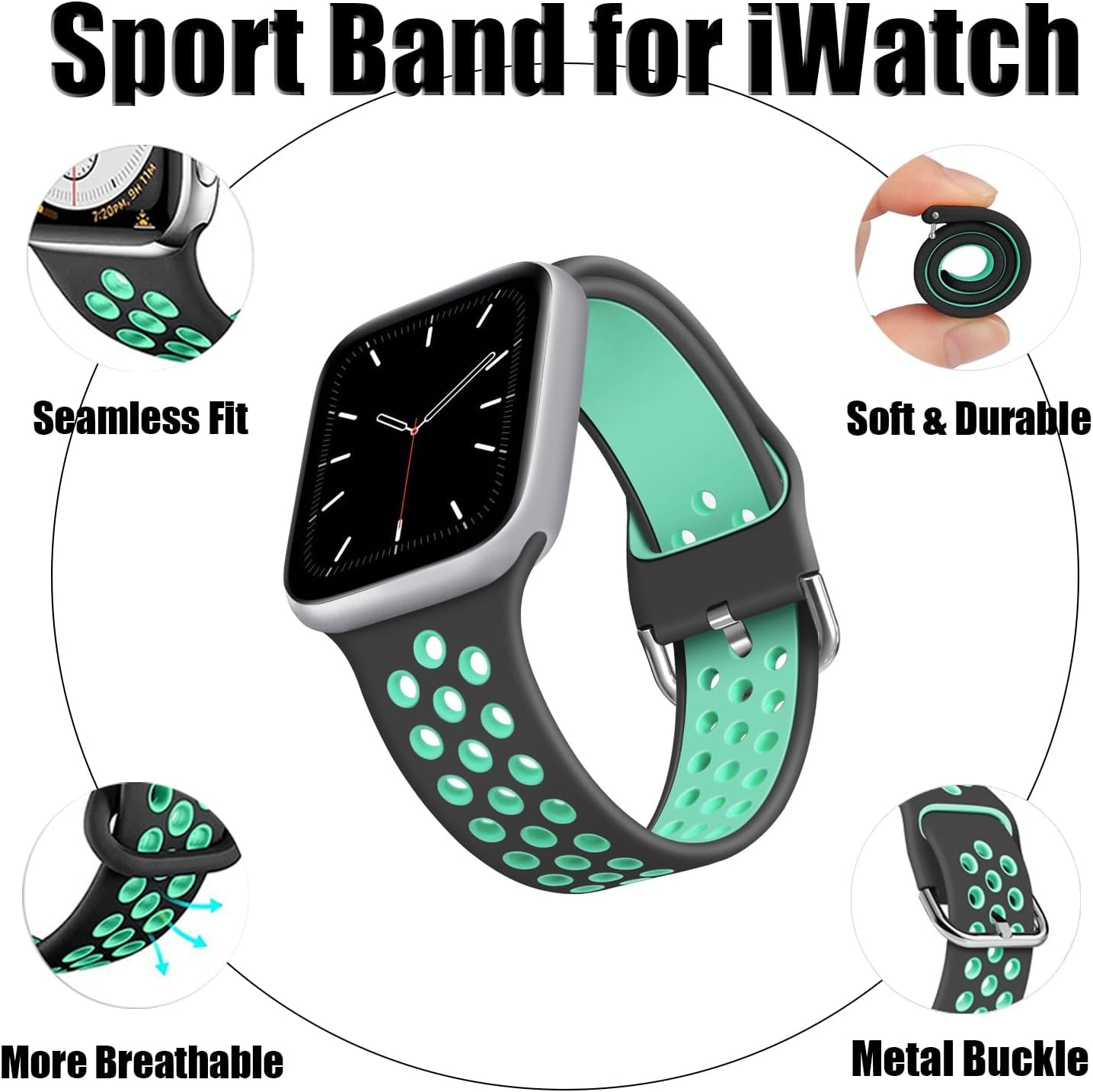 Band Compatible with Watch Band 38Mm 40Mm 41Mm for Men Women Breathable Soft Silicone Sports Replacement Strap for Watch SE Series 8 7 6 5 4 3 - Gray Teal