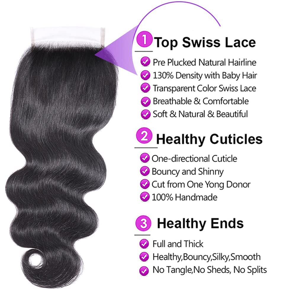 Body Wave Closure 4X4 Free Part Closure Brazilian Human Hair Closure Body Wave Lace Human Hair 100% Unprocessed Virgin Human Hair Weave Swiss Lace Closures with Baby Hair Natural Black(10Inch)