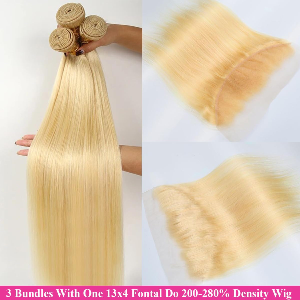 613 Blonde Bundles Human Hair with Closure Frontal Blonde Human Hair 3 Bundles with 13X4 HD Frontal Closure Blonde Brazilian Virgin Straight Human Hair Weave 141618+12FL