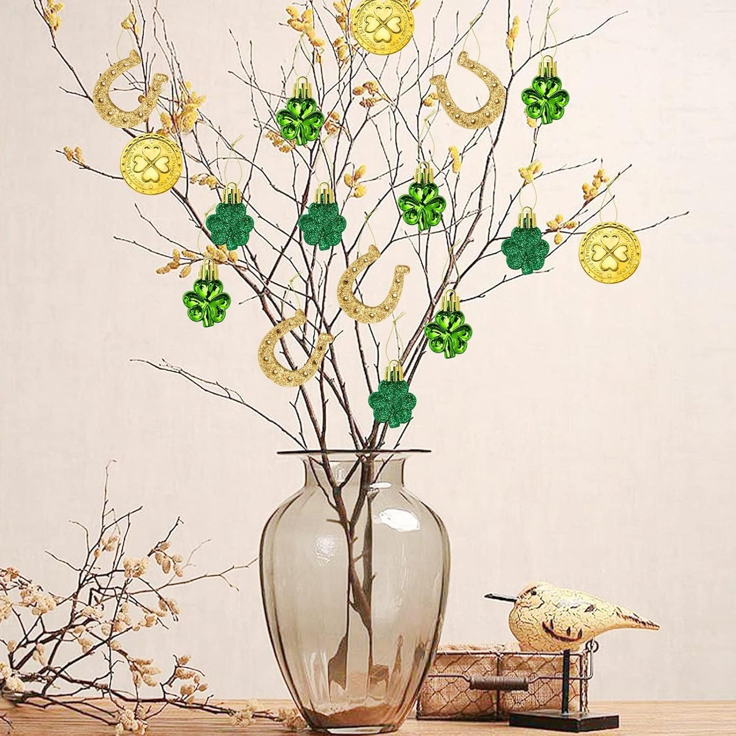 St. Patricks Day Decorations Shamrock Ornaments - 48Pcs Shamrock Clover Gold Coins Horseshoe Tree Ornaments for Spring Lucky Irish Day St Patrick'S Day Home Table Tree Party Hanging Decorations