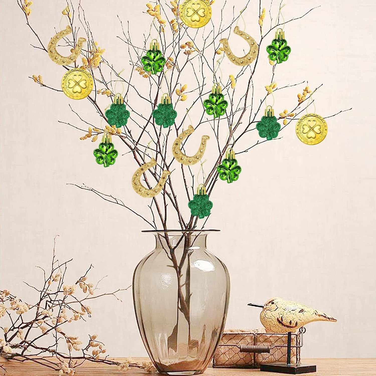 St. Patricks Day Decorations Shamrock Ornaments - 48Pcs Shamrock Clover Gold Coins Horseshoe Tree Ornaments for Spring Lucky Irish Day St Patrick'S Day Home Table Tree Party Hanging Decorations