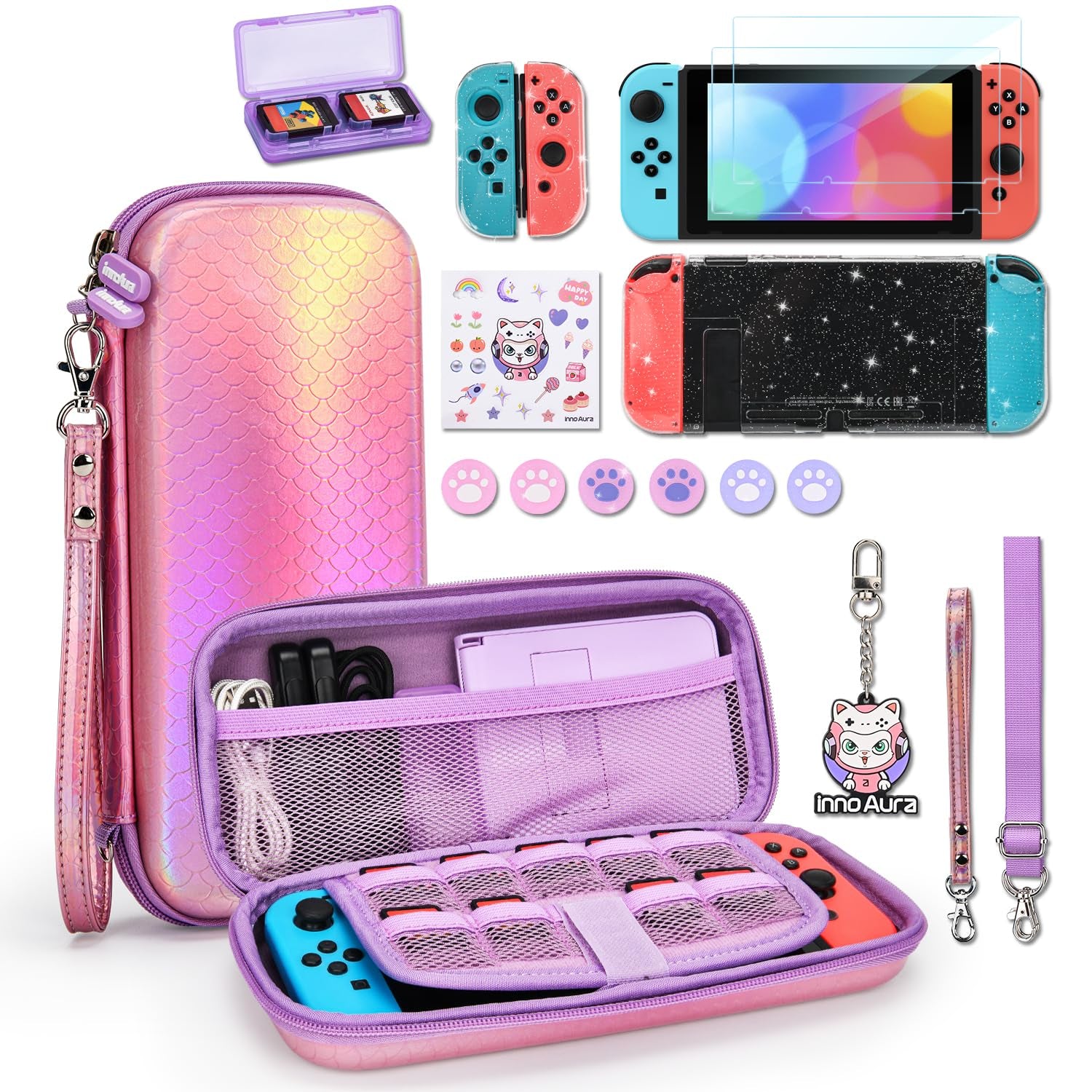 Switch Case for NS Switch, Innoaura 17 in 1 Switch Accessories Bundles with Switch Carrying Case, Switch Game Case, Switch Protective Case, Switch Screen Protector, Switch Thumb Caps (Mermaid Pink)
