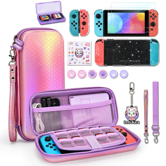 Switch Case for NS Switch, Innoaura 17 in 1 Switch Accessories Bundles with Switch Carrying Case, Switch Game Case, Switch Protective Case, Switch Screen Protector, Switch Thumb Caps (Mermaid Pink)