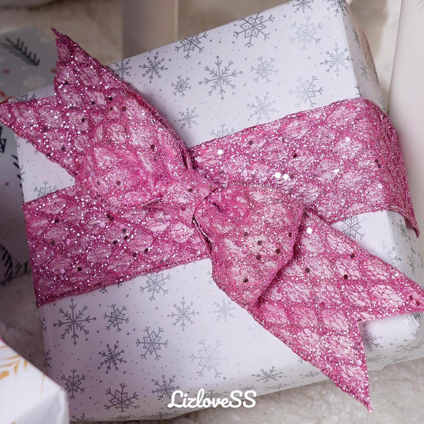 Pink Christmas Ribbon 2.5" Glitter Mesh Wired Ribbon for Christmas Tree Pink Diamond Honeycomb Ribbon for Gift Wrapping, Crafts, Wreath Supplies, Garland, Tree Topper Bows - 10 Yards