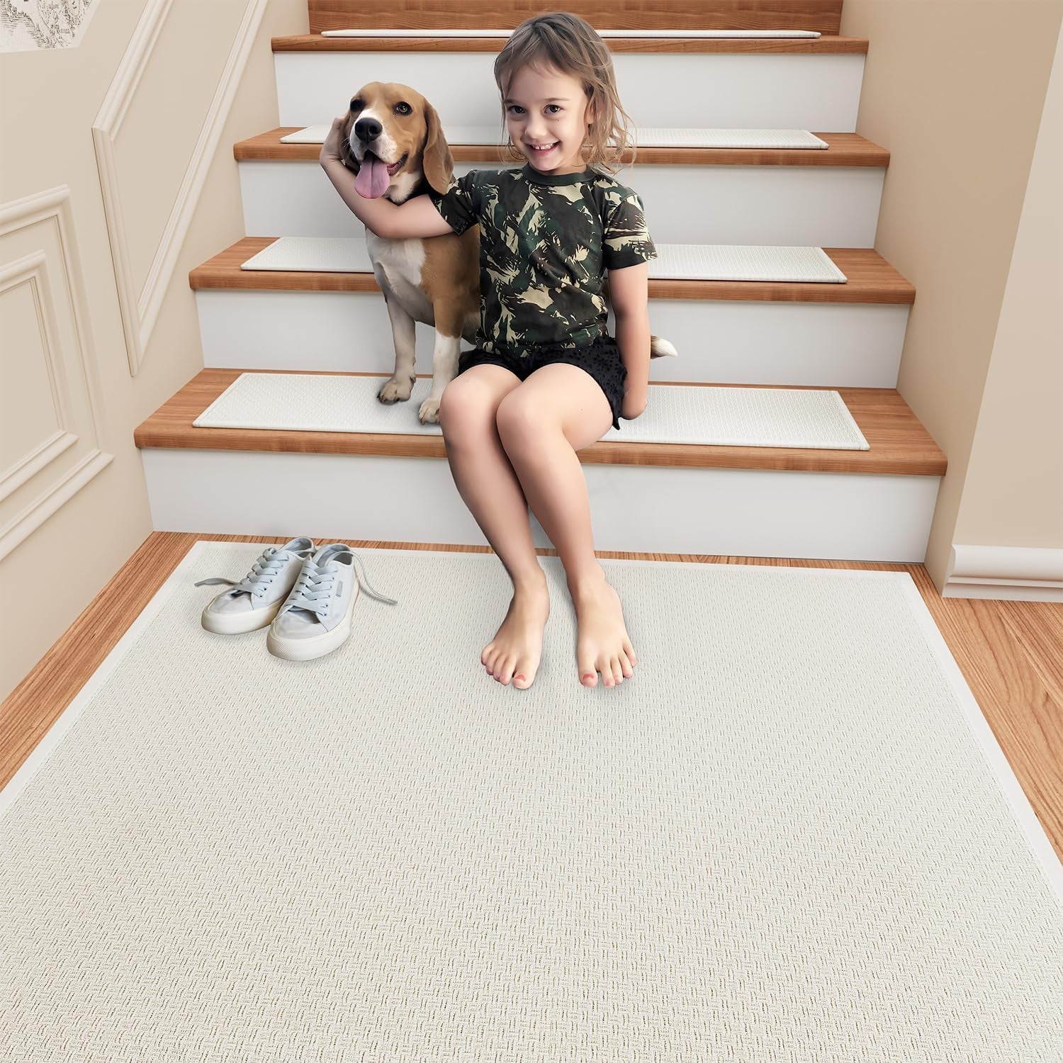 Stair Treads Carpet for Wooden Steps with Non Slip Rubber Backing, 100% Polyester Soft Stairs Resistant Indoor Skid Runner Safety Rugs for Kids Elders and Pets (1, Cream, 31" * 31")