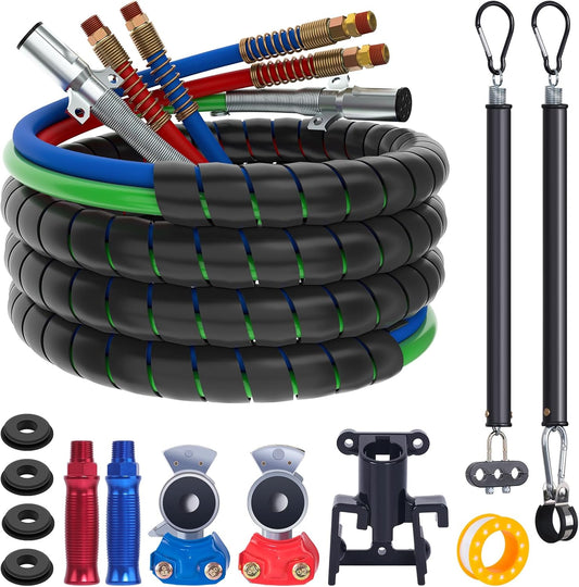 15FT Semi Truck Air Line Kit with Gladhand Holder and Springs Kit Red & Blue Air Brake Hoses and 7 Way Trailer Cord 3-In-1 Air Lines Set for Semi Truck Trailer Tractor