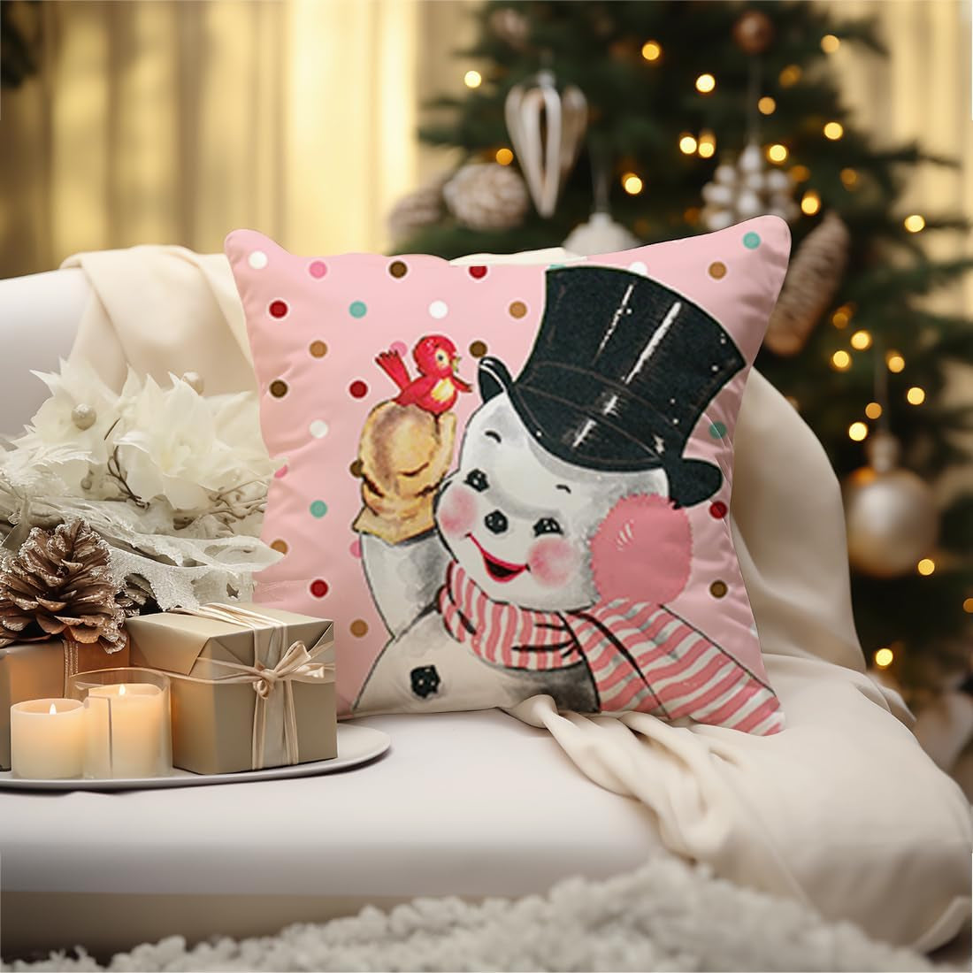 Christmas Decorations Pillow Covers 18×18 Set of 4 Snowflake Santa Snowman Deer Bird Candy Cane Xmas Rustic Winter Holiday Throw Pillows Christmas Decor Cushion Cases Polka Dots Pink-18