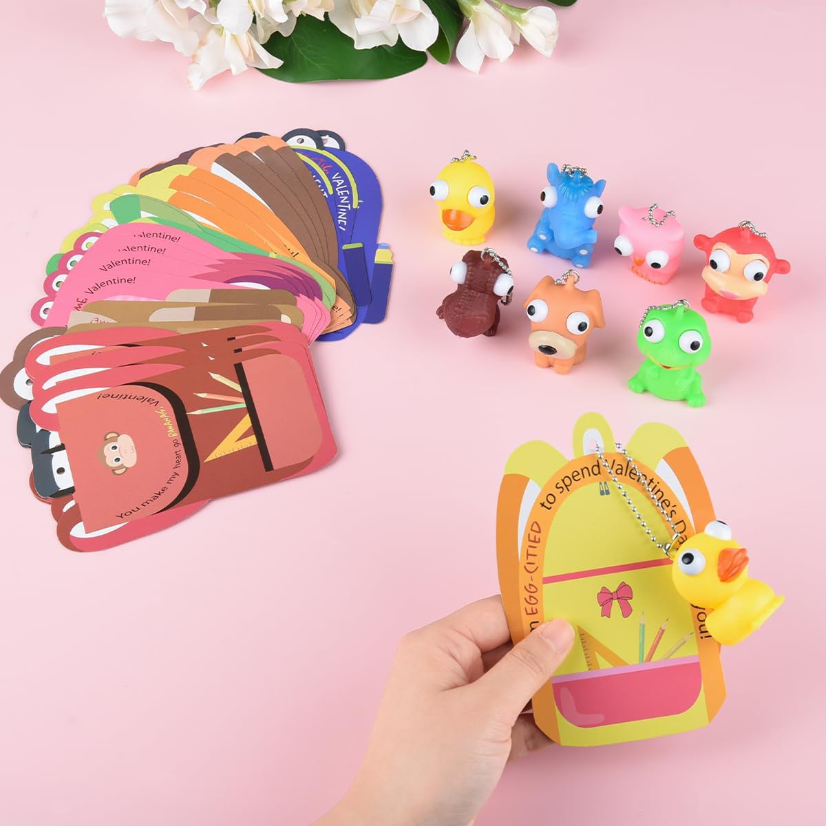 28 Piece Valentines Day Gifts for Kids with Squeezable Pop-Eye Animal Keychain Ideal for Valentines Day Cards for Kids School, Kids Valentines Day Cards, Valentines Day Gifts for Kids Classroom