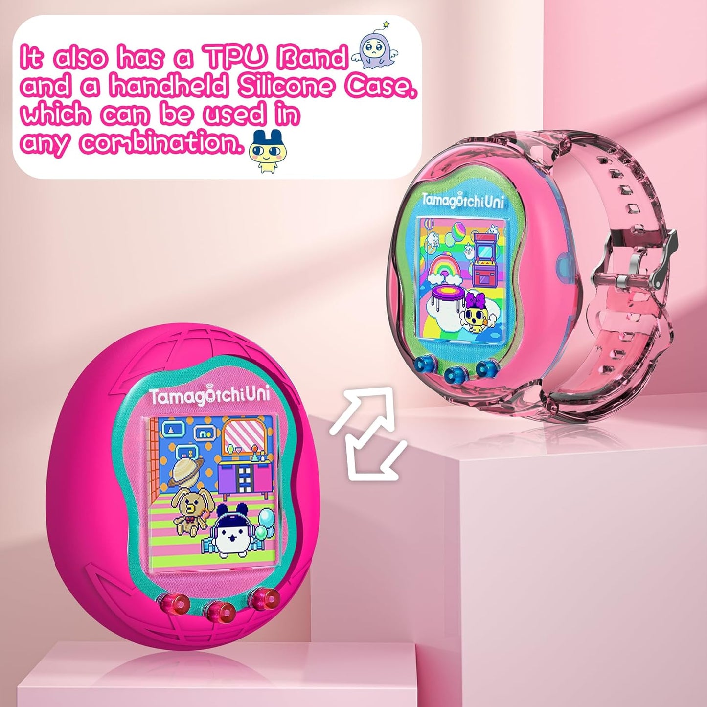 2 Pack Case for Tamagotchi Uni, Silicone Case + TPU Band Protective Cover for Tamagotchi Uni Interactive Virtual Pet Game Machine(Rose Red+Pink) ZOUSA