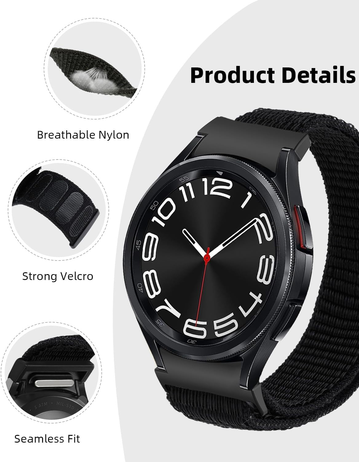 One Click No Gap Band Compatible with Samsung Galaxy Watch 7 6 5 4 Band 40Mm 44Mm, Galaxy Watch 6 4 Classic Bands 47Mm 43Mm 42Mm 46Mm/Watch 5 Pro 45Mm Band, 20Mm Soft Nylon Sport Strap for Women Men