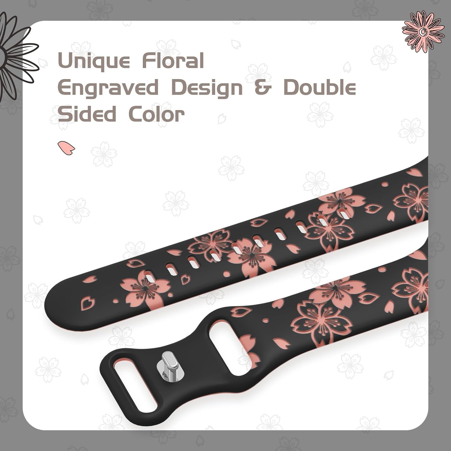 Designer Floral Engraved Band Compatible with Apple Watch Bands 40Mm 38Mm 41Mm 44/45/42Mm,Two-Tone Flower Soft Silicone Sport Strap for Iwatch Series 9 Ultra SE 8 7 6 5 4 3 2 Women Black