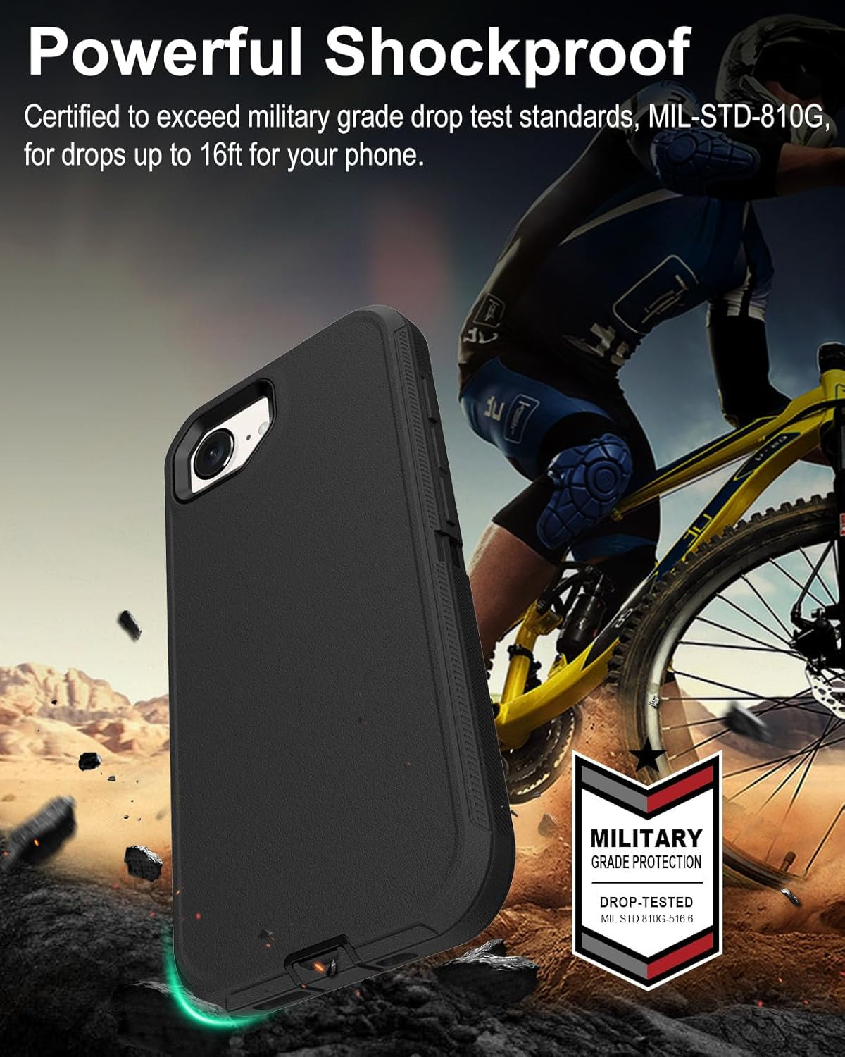 For Iphone16E Case, 16Ft Drop Protection, with Dustproof Port Cover, Full-Body Shockproof Heavy Duty Phone Case for Iphone 16E(2025), Black