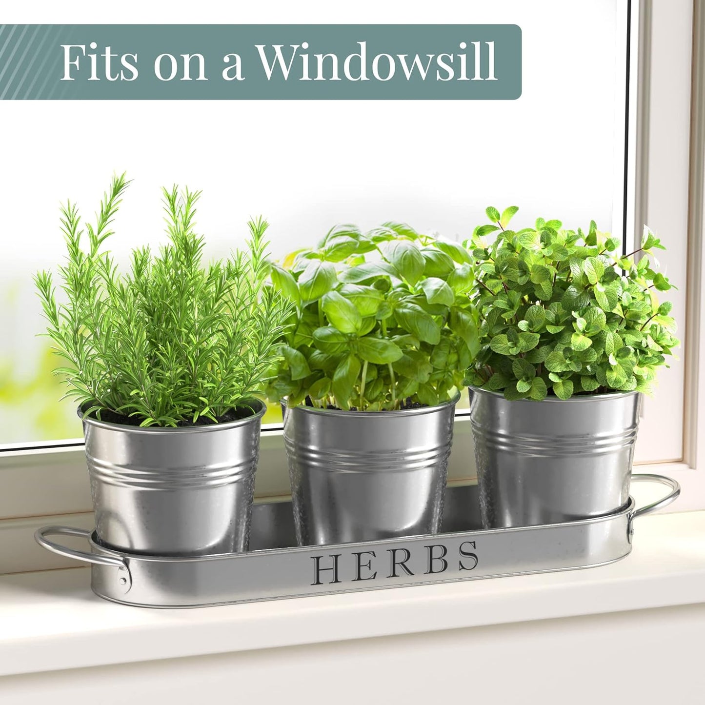 Indoor Herb Garden Planter Set with Tray, Metal Windowsill Plant Pots with Drainage for Outdoor or Indoor Plants, Set/3 (Galvanized)