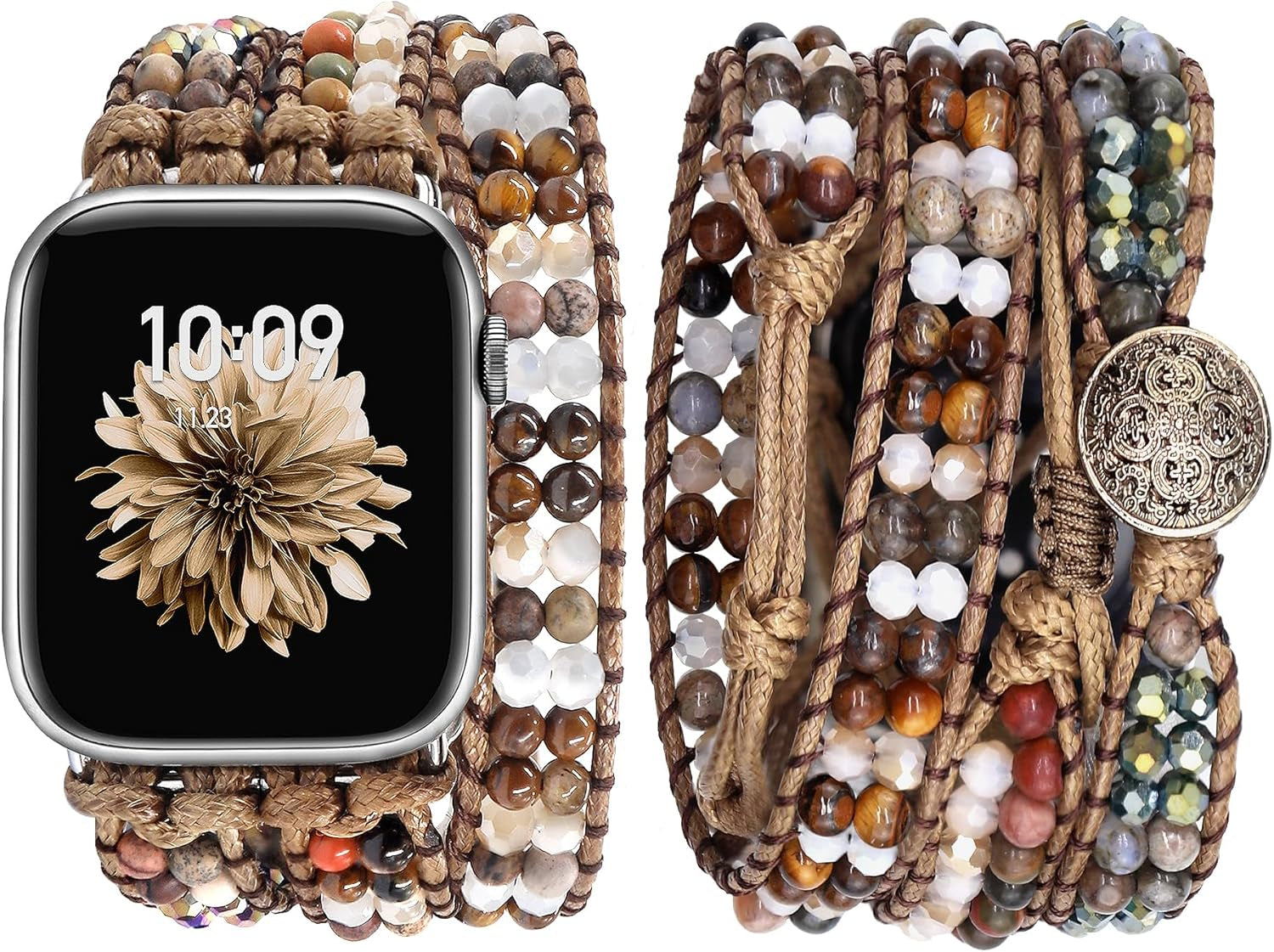 Elegant Slim Leather Bands Boho Beaded Watch Band Bundle Compatible with Apple Watch 38Mm 40Mm 41Mm 42Mm 44Mm 46Mm 45Mm 49Mm Women for Iwatch Series 10/9/8/7/6/5/4/3/2/1/Se/Ultra