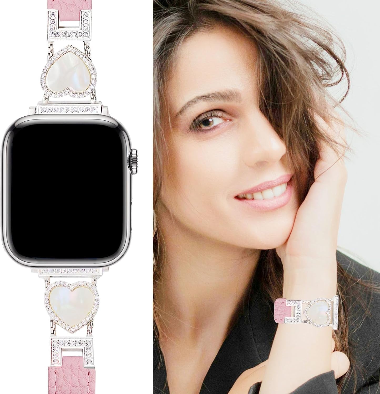 Leather Band Compatible with Apple Watch Bands for Women 38/40/41/42/44/45/46/49Mm, Dressy Heart-Shape Designer Leather Strap with Diamond for Iwatch Band Series 10 9 Ultra SE 8 7 6 5 4 3 2 1