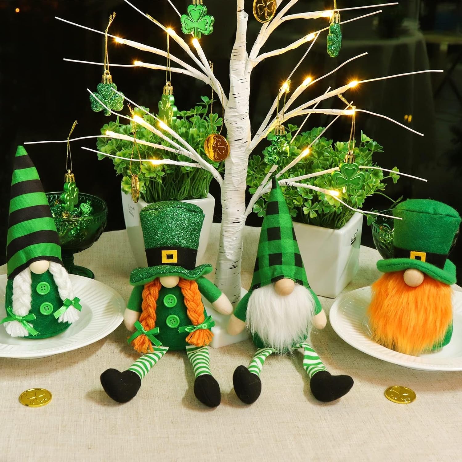 St Patricks Day Gnomes Gifts, 4 Pcs Handmade Plush Tomte Swedish Scandinavian Gnome with Lucky Shamrock Pot of Gold Coins Farmhouse St Patricks Day Decorations for the Home Table Décor