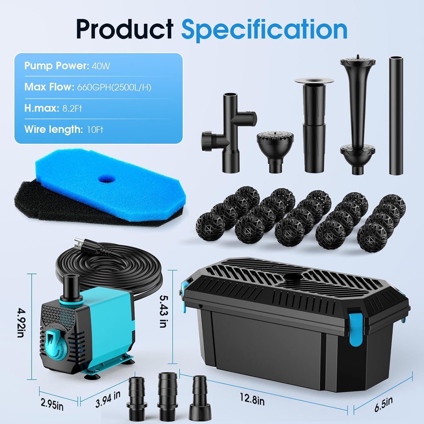 Pond Filter with Pump Fountain Kits, 660GPH Pond Filter with 40W Pond Pump & Fountain Kit, Koi Pond Filters for Outdoor Ponds Clean, Clear, and Add Water Features