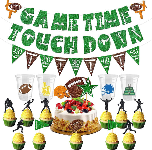26 Pcs Superbowl Party Decorations 2025, Football Game Time Touch down Banner and Cake Topper, Cup Sticker, Football Party Decor, Super Bowl Party Supplies for Sport Tailgate Game Day Party