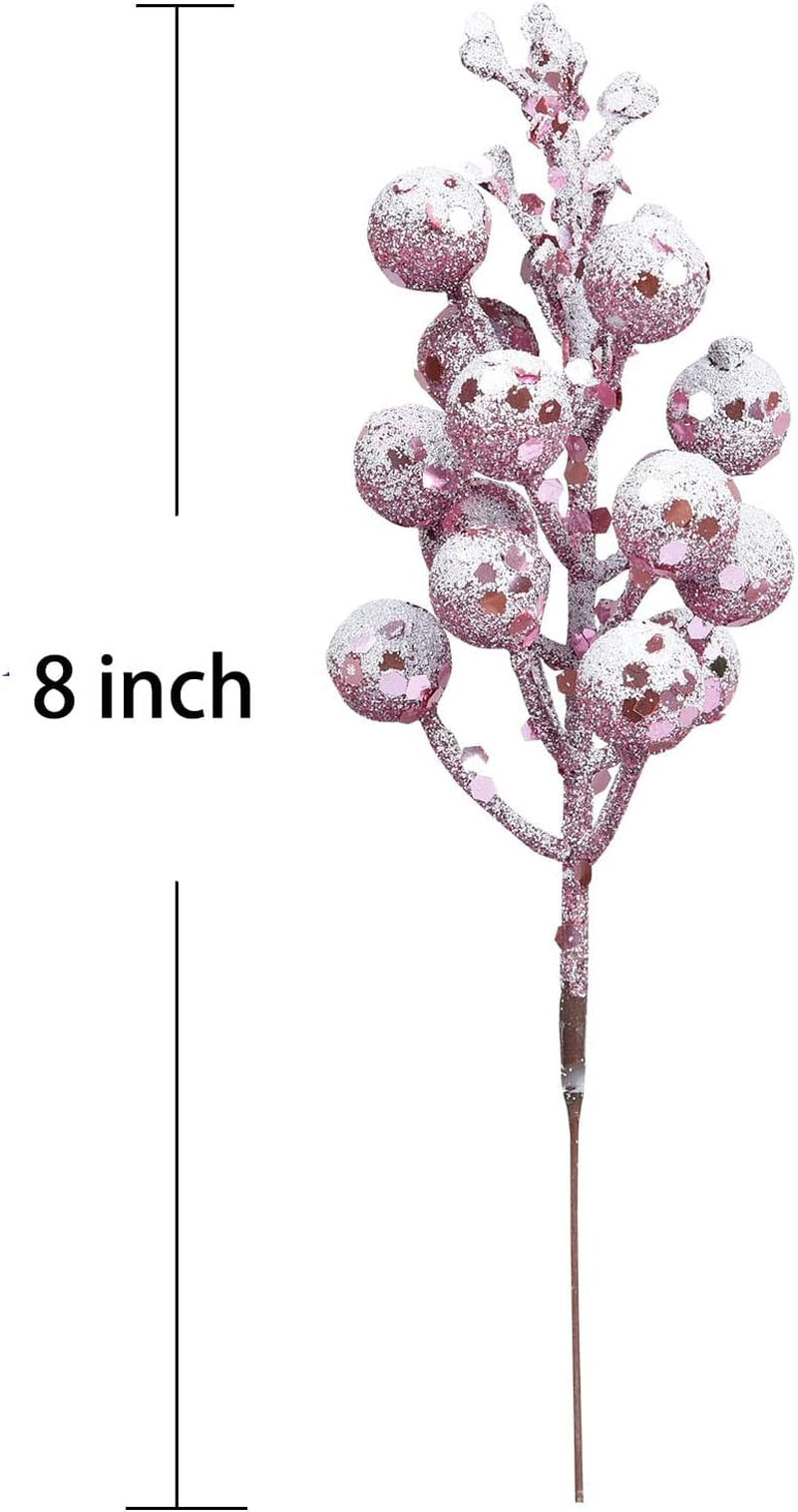 16 Pack Christmas Glitter Berries Stems, 8" Artificial Christmas Picks Snowy Berry Stems for Christmas Tree Ornaments, DIY Xmas Wreath, Crafts, Holiday and Home Decor (Pink)