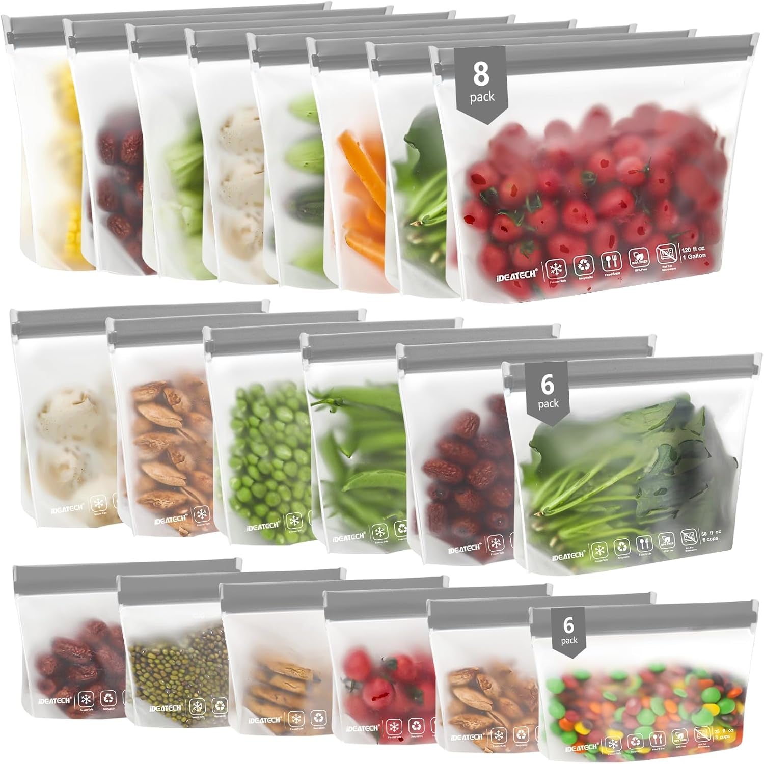 20Pack Dishwasher Safe Reusable Bags, Leakproof Reusable Freezer Bags, BPA Free Reusable Food Storage Bags Sandwich Bags Snack Bags for Lunch Travel(8 Gallon 6 Quart 6 Snack,Colored)