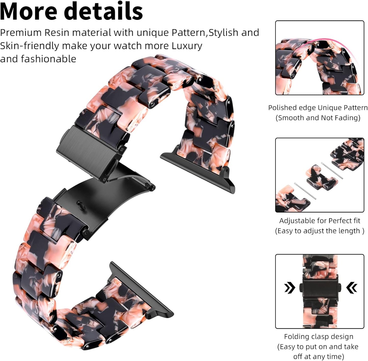 Resin Bands Compatible with Apple Watch Band 40Mm 38Mm 41Mm Series 9/8/7/6/5/4/3/2/1/SE Women Men, Durable Stainless Steel Buckle Stylish Flower Iwatch Replacement Wristband Bracelet Black Rose