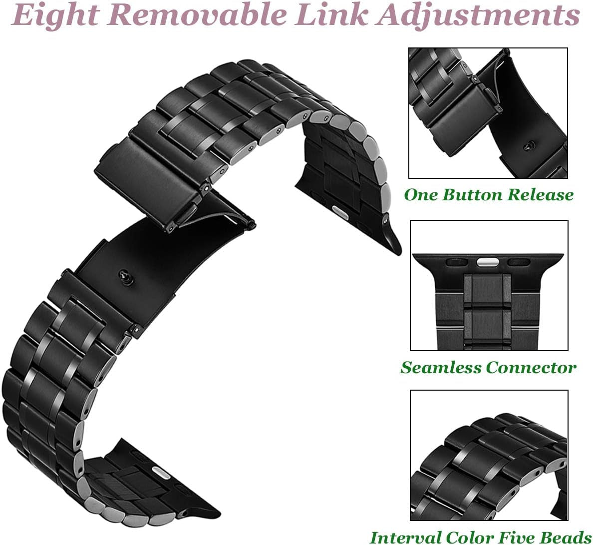 Compatible for Apple Watch Band 42/44/45/49Mm or 38/40/41Mm, Stainless Steel Metal Adjustable Sport Business Wristband Bracelet Strap for Iwatch Ultra/Series 9 8 7 6 SE 5 4 3 2 1 (Black)