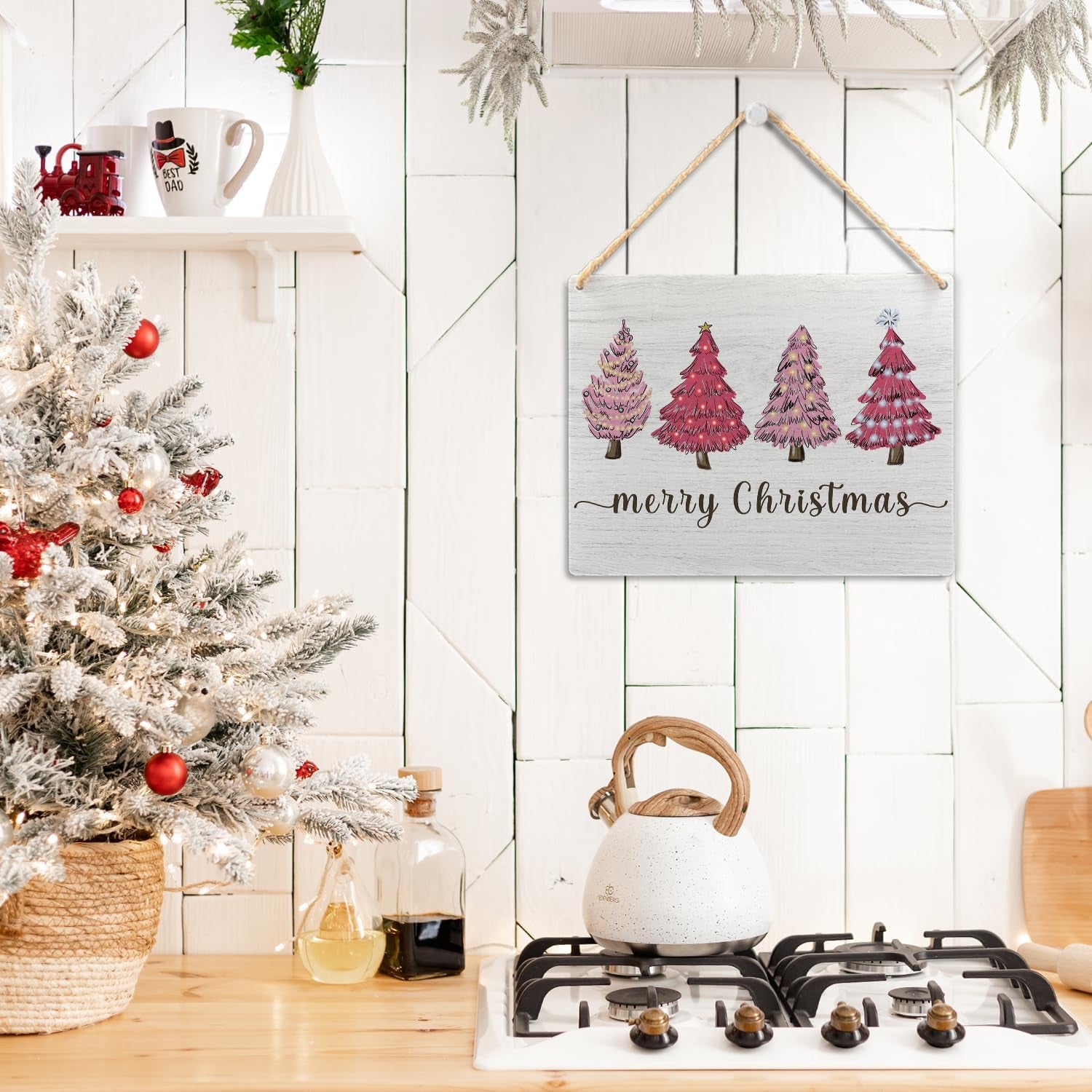 Pink Merry Christmas Wooden Hanging Sign - Pink Christmas Tree Sign, Christmas Porch Front Door Sign, Indoor Christmas Wall Hanging Decor for Bedroom Home,10.2X7.8 Inches