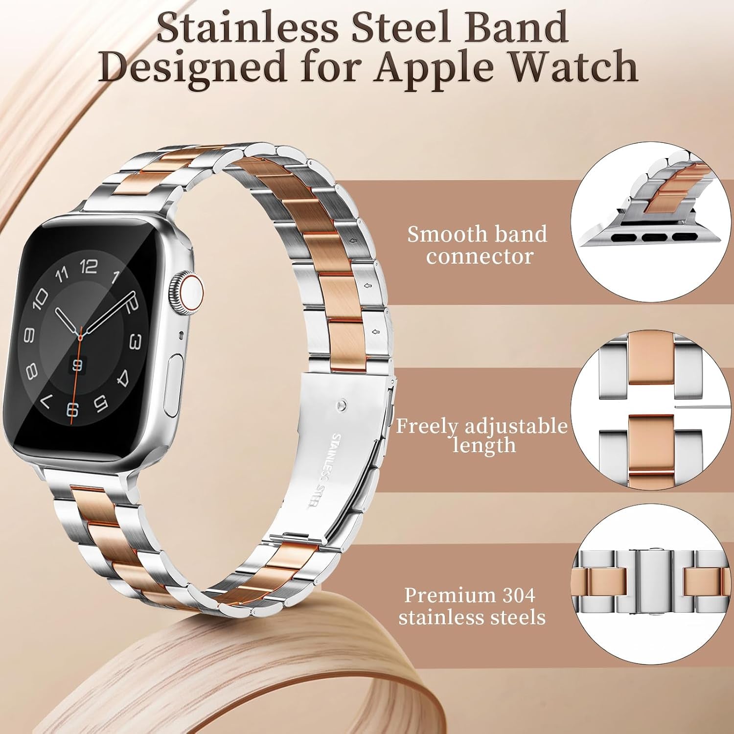 Thin Metal Bands Compatible with Apple Watch Band 38Mm 40Mm 41Mm 42Mm 44Mm 45Mm 46Mm 49Mm, Slim Stainless Steel Wristband Strap for Iwatch Ultra SE Series 10 9 8 7 6 5 4 3 2 1-Silver+Silver-Rosegold