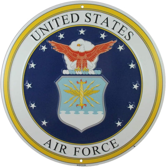 United States Air Force Logo Metal Sign, 12 Inch round Embossed Aluminum Emblem, US Military Service Branch Wall Decor