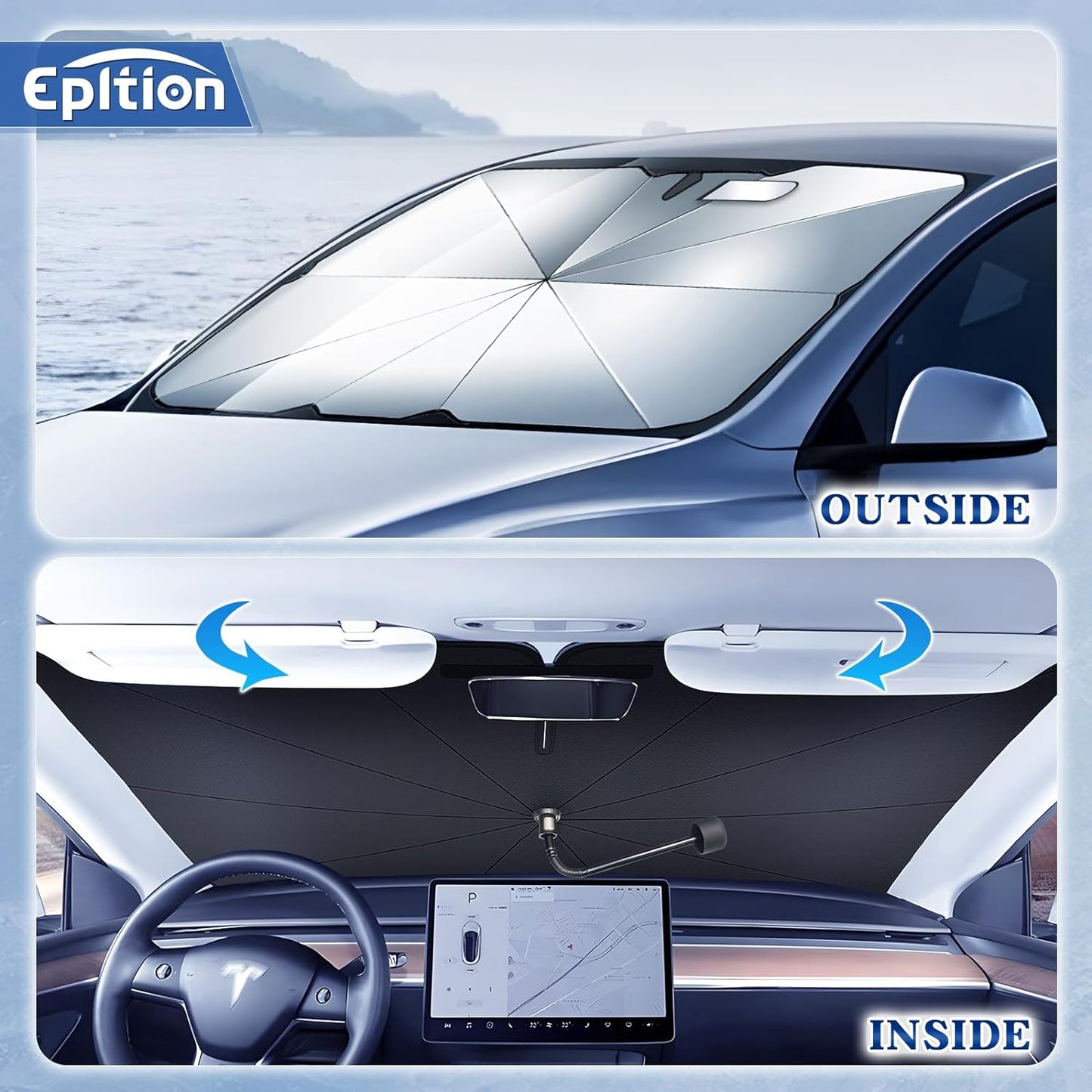 2024 Newest Tesla Model 3/Model Y Windshield Sunshade Double Layer Umbrella-[Outer Cooling Ice Crystal Layer][Built-In Vinyl Insulation],Full-Size Foldable Front Sun Shade for Model 3/Y 2016-2024