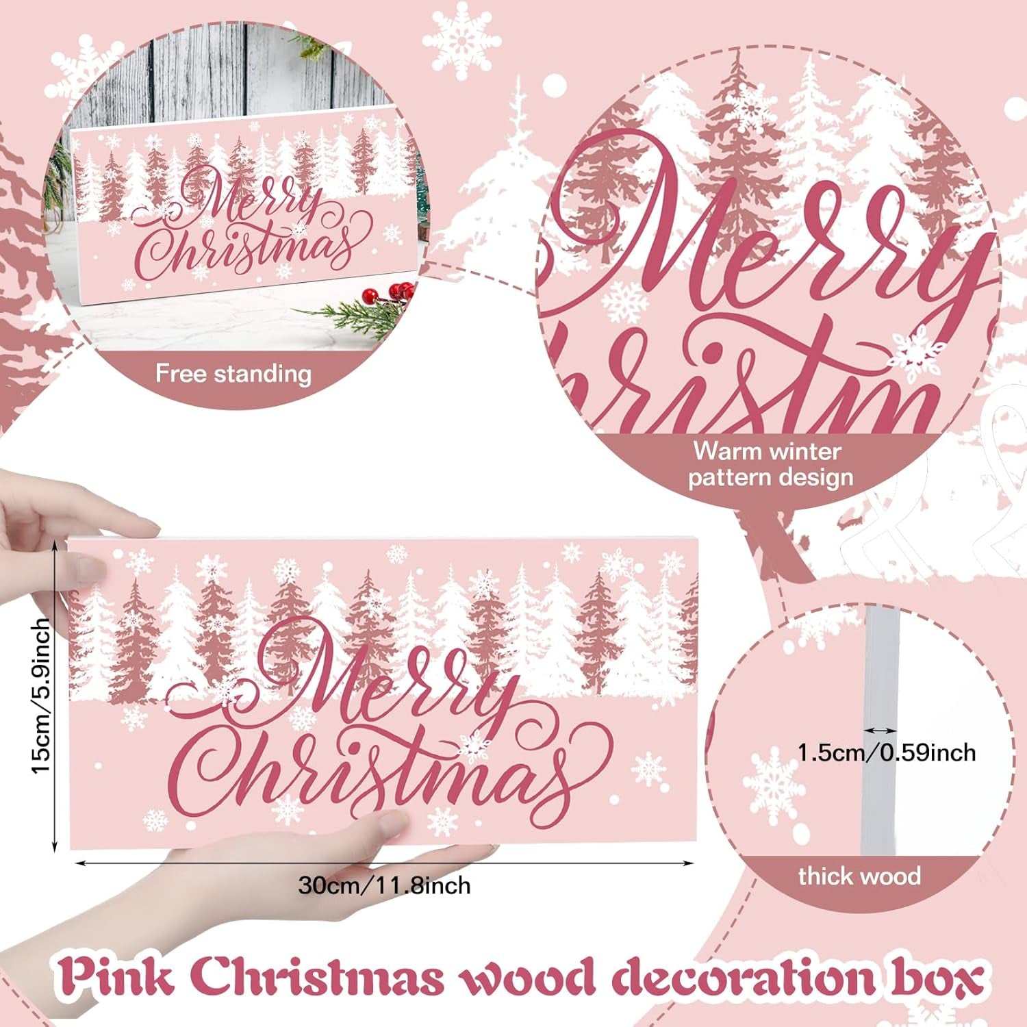 White Farmhouse Merry Christmas Wood Box Sign Pink Wooden Xmas Plaque Winter Woodland Xmas Green Table Decor Rustic Xmas Tree Block Sign Pink Holidays Decor for Home Kitchen 2X6In(Pink)