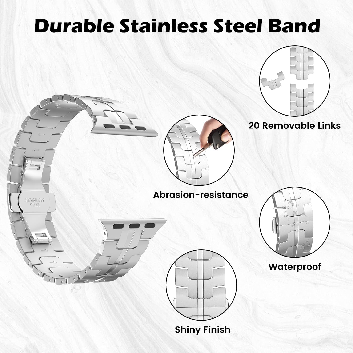 Watch Strap Compatible with Apple Watch Ultra2 Ultra 49Mm Series 9/8/7/6/5/4/3/2/1/SE 42/44/45Mm, Adjustable Metal Watch Band Stainless Steel Wristband with Butterfly Buckle, Silver