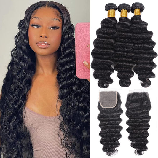 Brazilian Loose Deep Wave Bundles with Closure Loose Wave Human Hair Bundles with Closure Brazilian Deep Weave Bundles 100% Real Unprocessed Virgin Human Hair Bundles with 4 * 4 Closure 10 12 14 +10