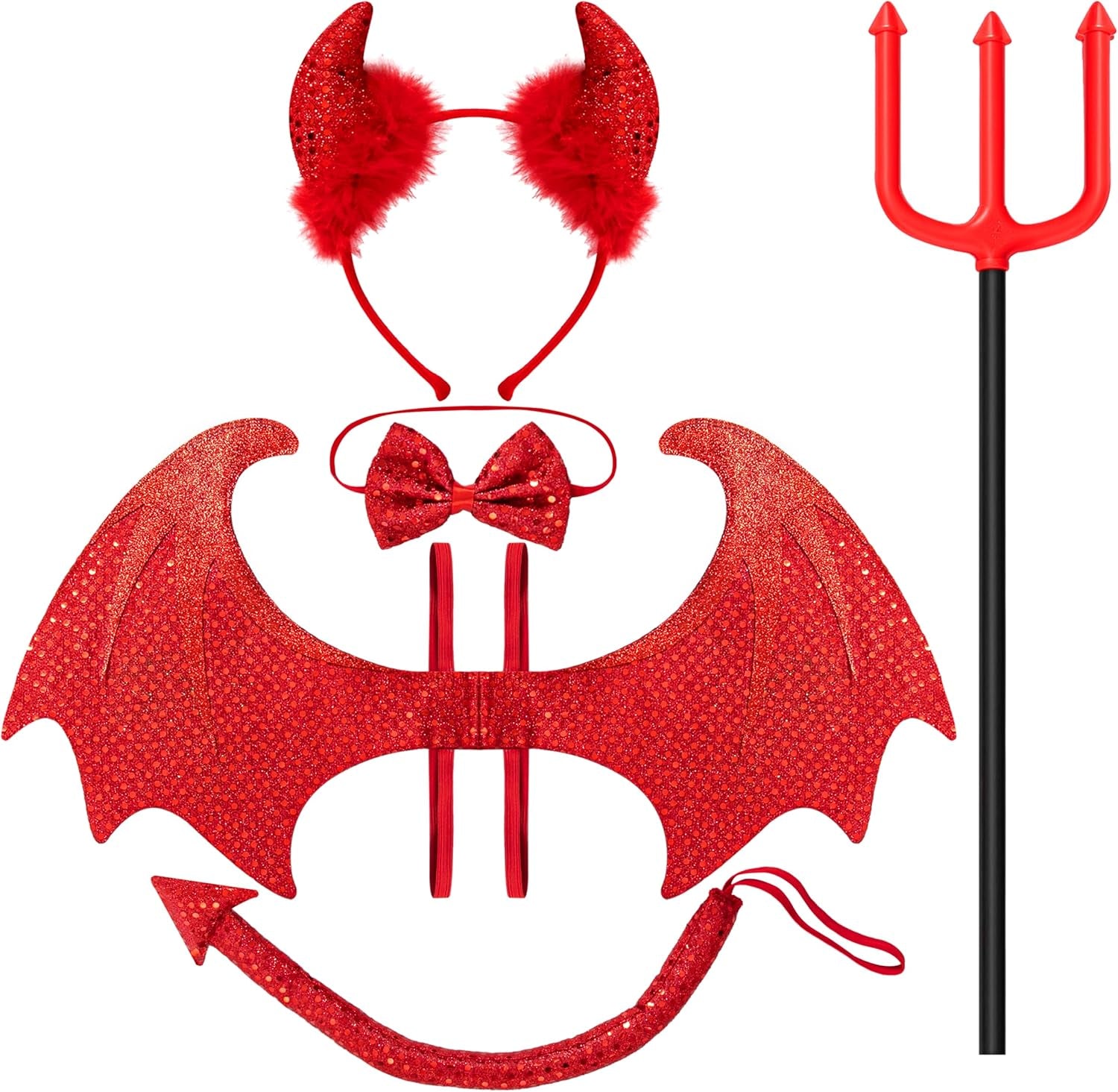 5 Pieces Halloween Devil Costume Set with Red Devil Wings, Devil Pitchfork, Bow Tie, Sequin Devil Horn Headband, and Devil Tail Demon Costume Accessories for Cosplay Party