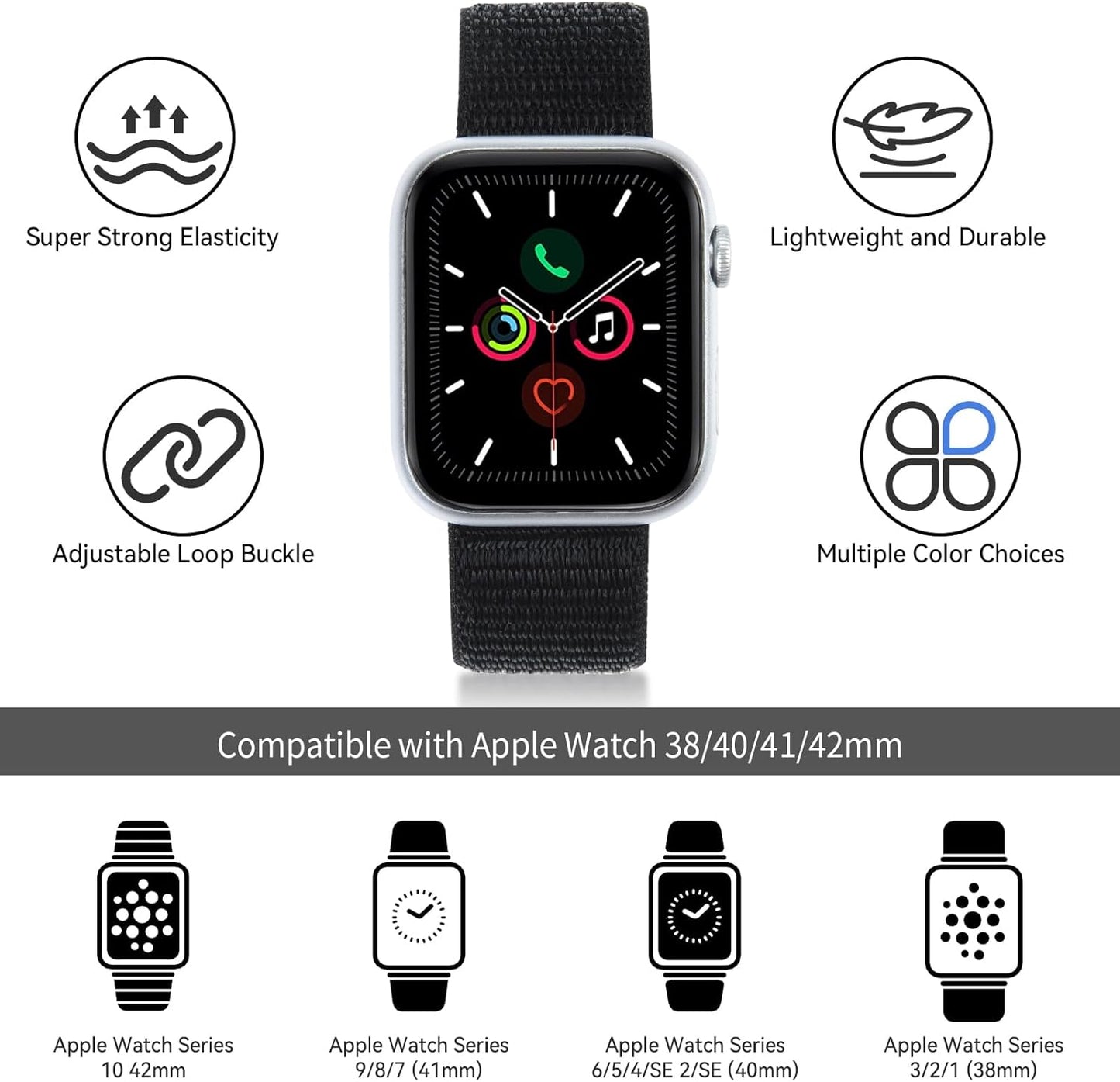 8 Pack Sport Nylon Loop Bands Compatible with Apple Watch Bands 38Mm 40Mm 41Mm 42Mm for Women Men, Adjustable Breathable Stretchy Braided Straps for Iwatch SE Series 10 9 8 7 6 5 4 3 2 1