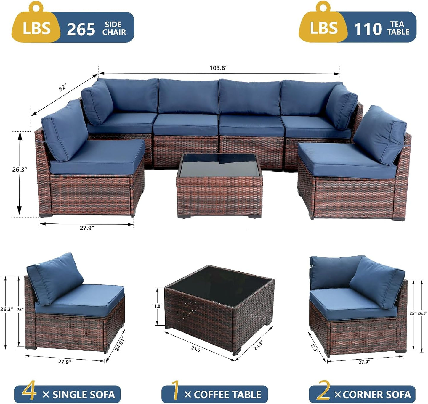 7 Piece Outdoor Furniture Set, PE Rattan Patio Conversation Set, Outdoor Sectional Furniture Sofa Set with Thick Cushions and Coffee Table, Navy Blue