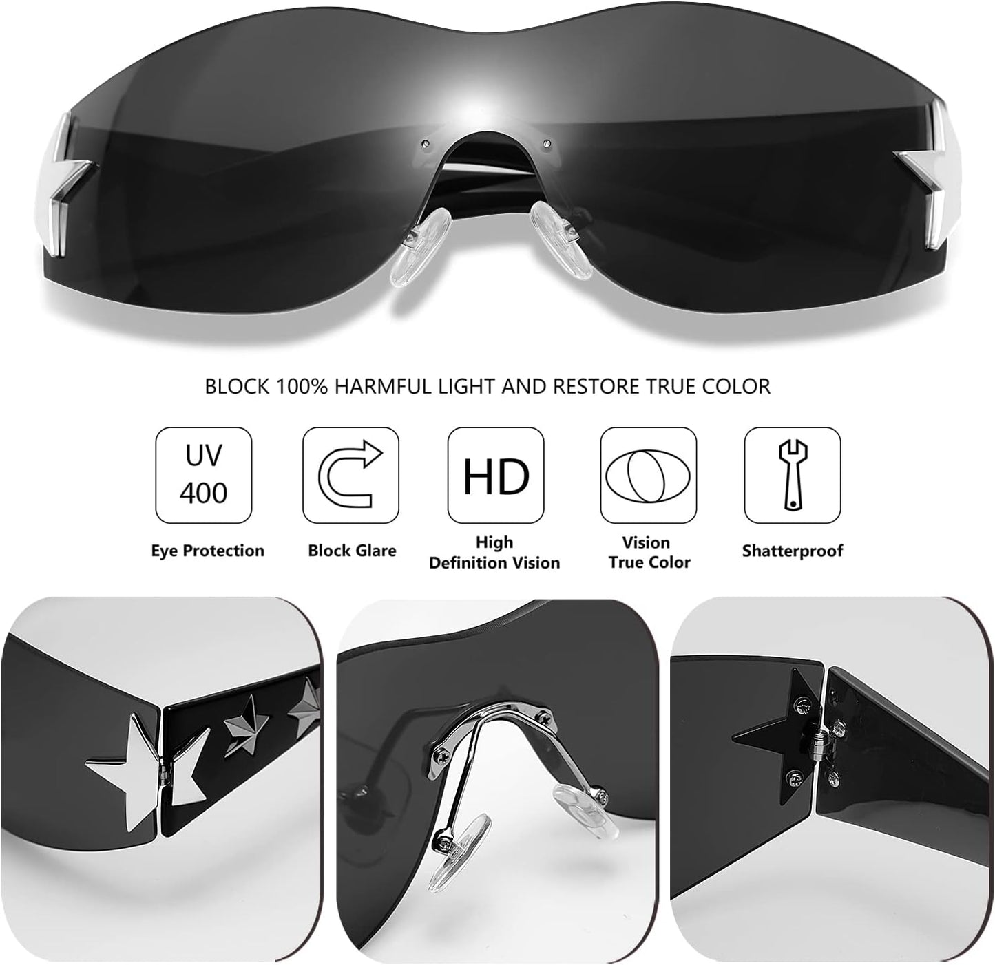 Rimless Y2K Sunglasses Star Wrap around Glasses 2000S Accessories for Women Men Trendy Fashion Cool Shield Shades