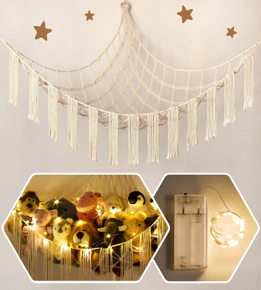 Stuffed Animal Hammock Corner with LED Light - Toy Storage Hammock Plushie Net Large - Cute Stuff Animals Holder Hanging Organizer - Baby Room Decor Kids Toddler Nursery Bedroom Boho