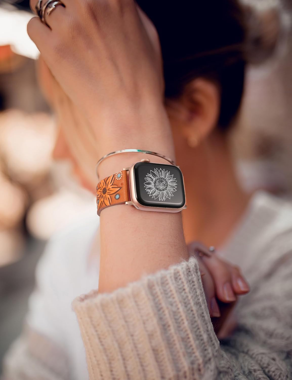 Leather Band Compatible with Apple Watch Band 41/40/38/44/45/49/42Mm Women, Boho Western Embossed Sunflower Floral Designer Wristband Leather Strap for Iwatch Series 9 8 7 6 5 4 3 2 1 SE Ultra